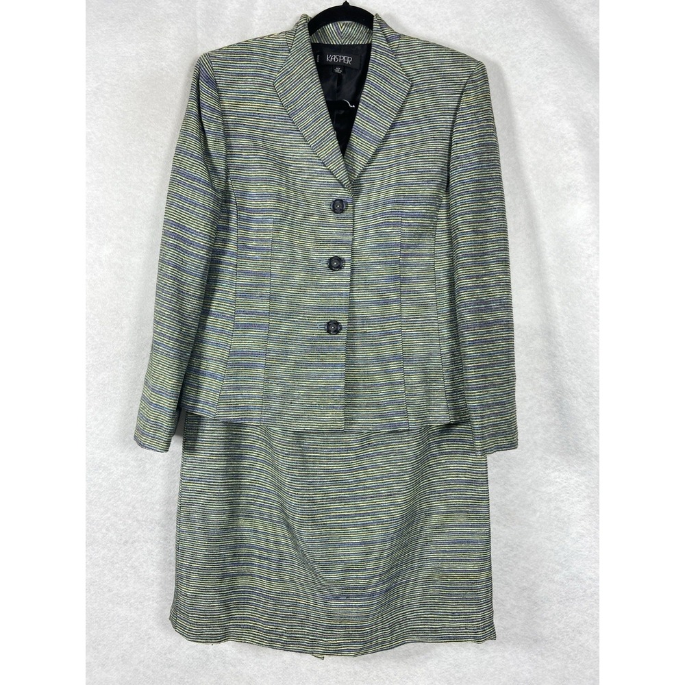 Kasper 2PC Skirt Suit Petite 14P Green Blue‎ Blazer Buttons Twill Silk Blend
